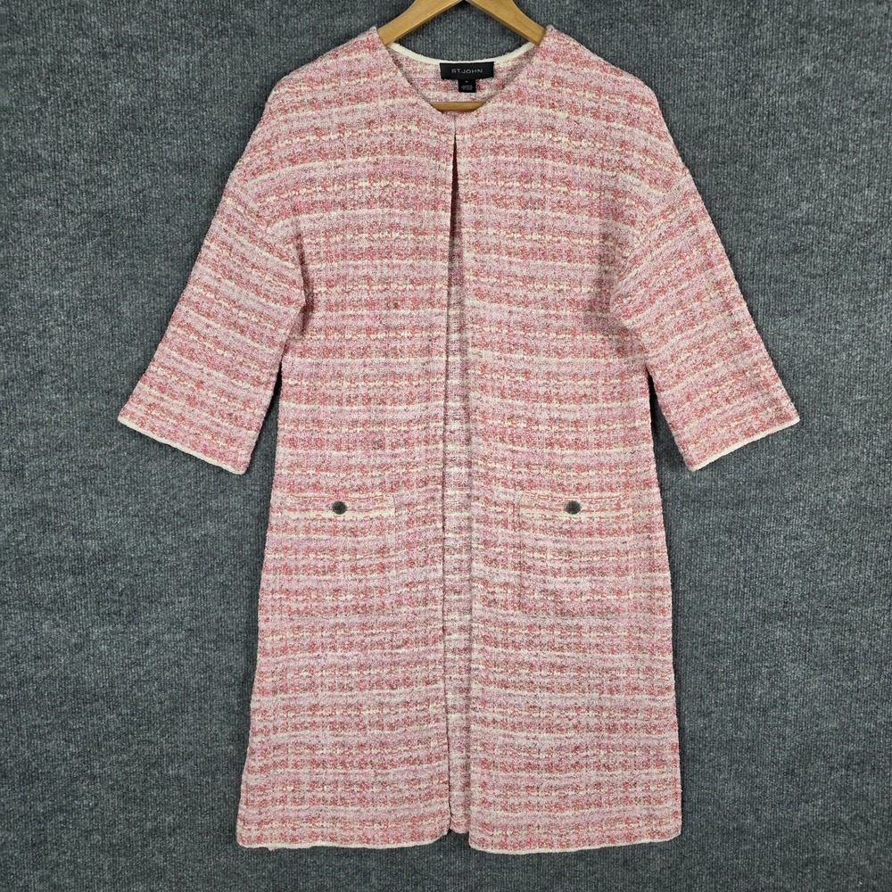 St John Jacket M Pink Tweed Knit Cardigan Duster Long Blazer Wool Blend Sweater - Picture 3 of 13